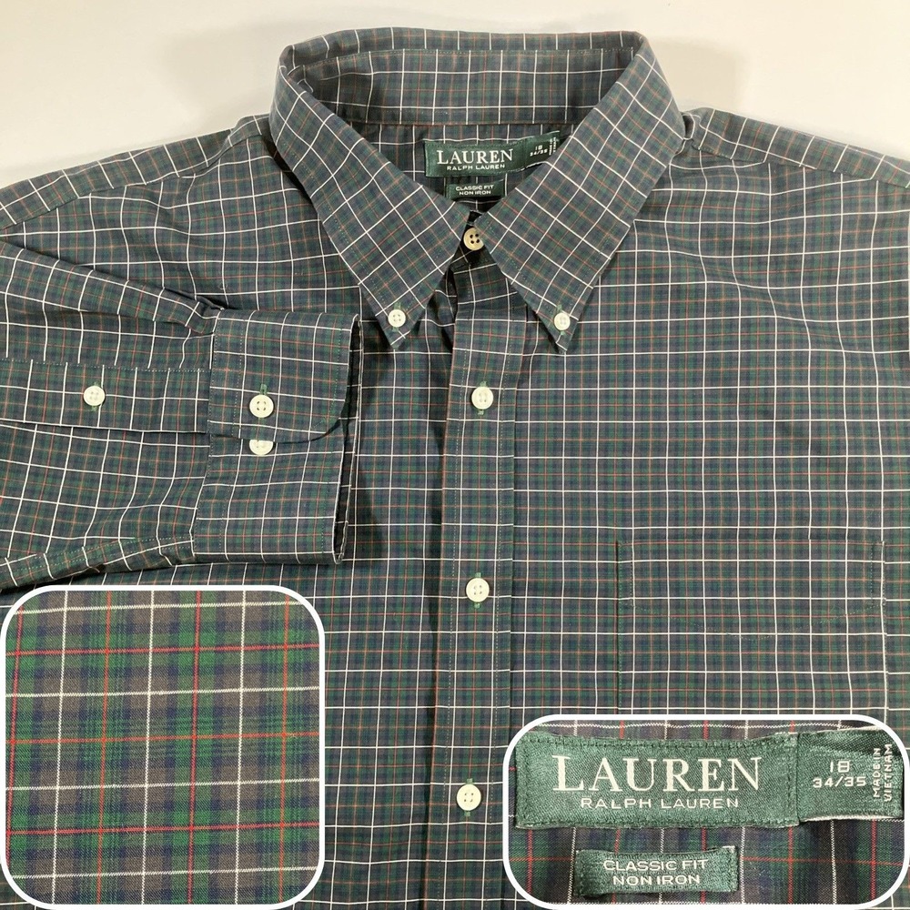 Lauren Ralph‎ Lauren Dress Shirt Mens 18 36/37 Green Tartan Plaid Non Iron